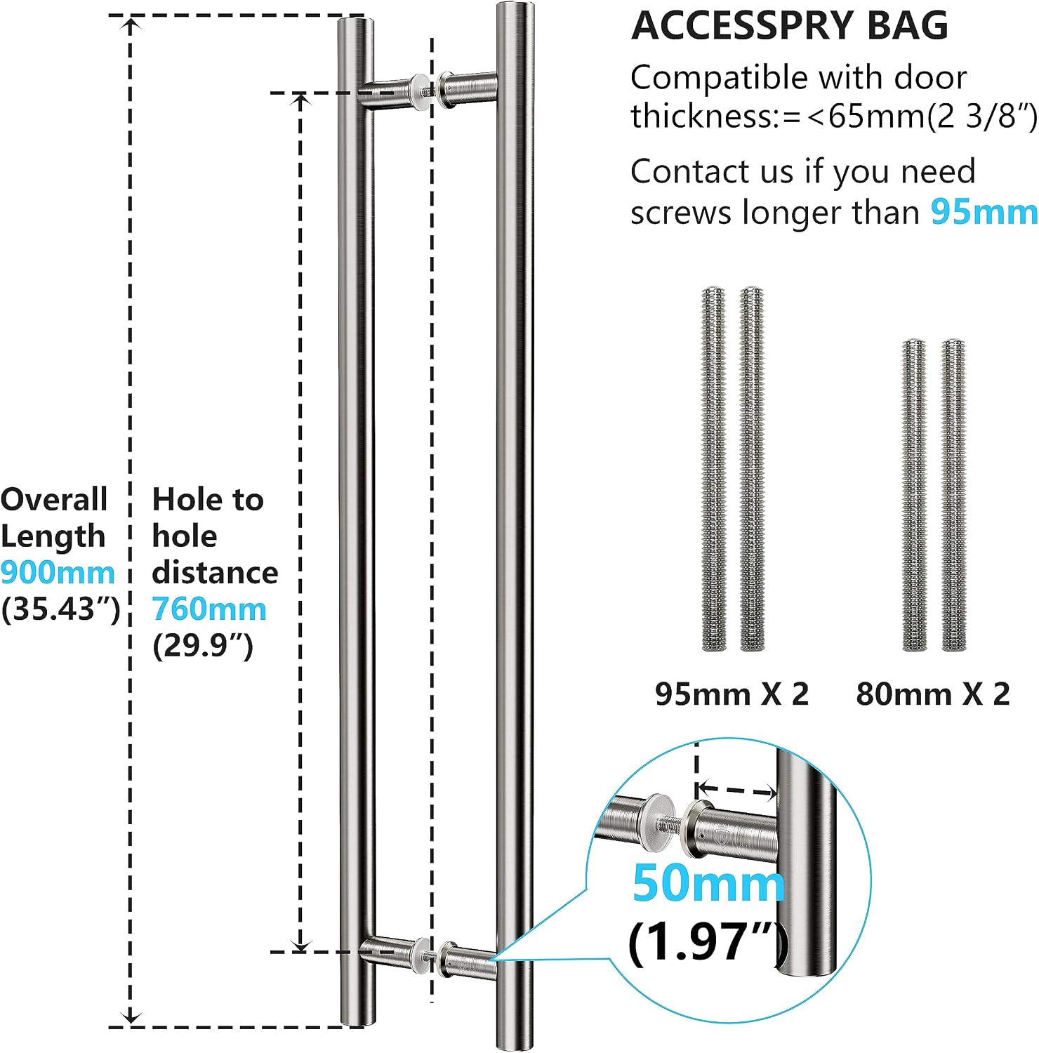 900mm / 36" SUS304 Stainless Steel Long Door Pull Handle with Solid Standoffs – Brushed Nickel