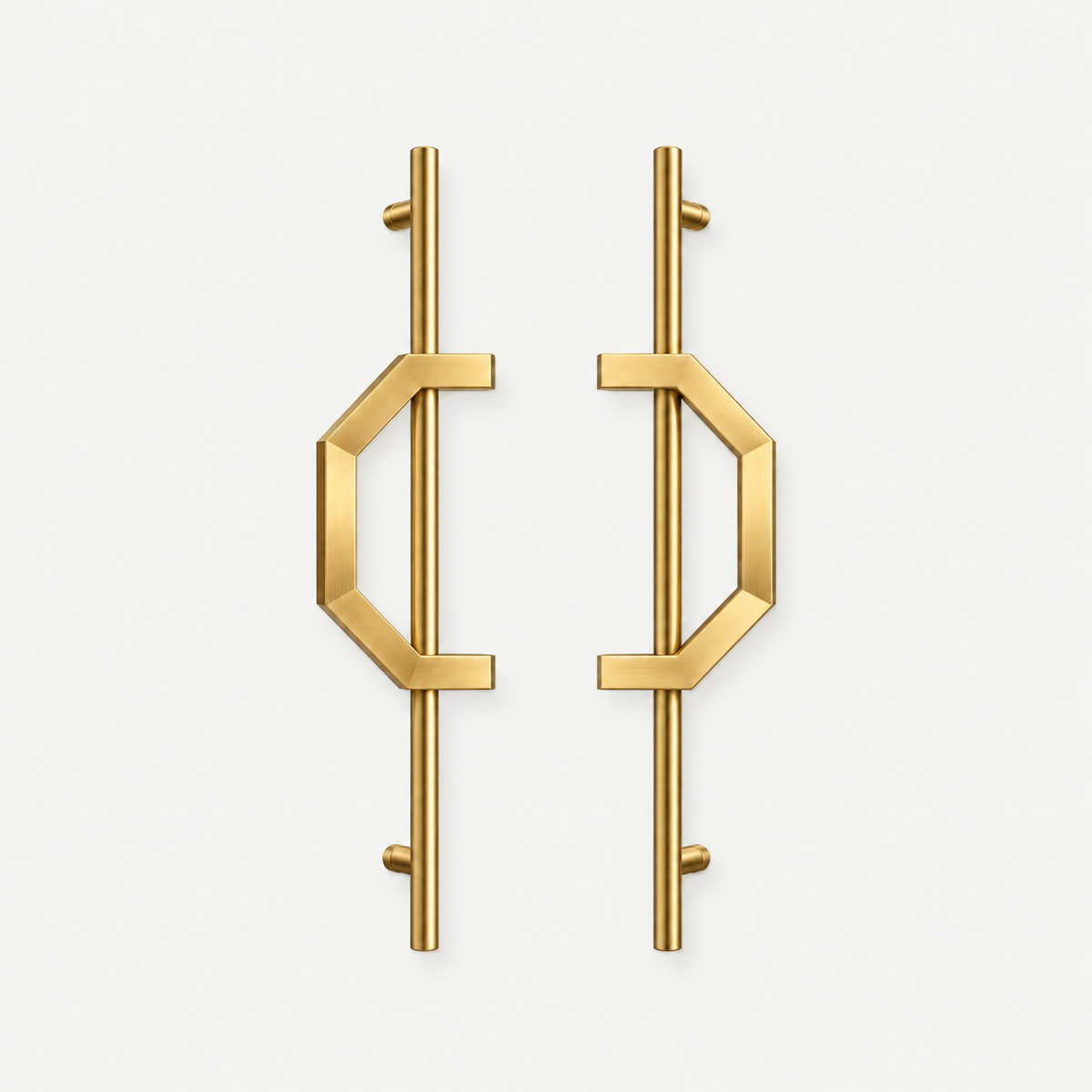 AEGIS sculptural double door pull handles with octagonal shield-inspired centerpiece