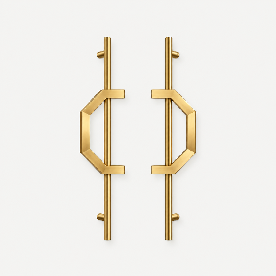 AEGIS sculptural double door pull handles with octagonal shield-inspired centerpiece