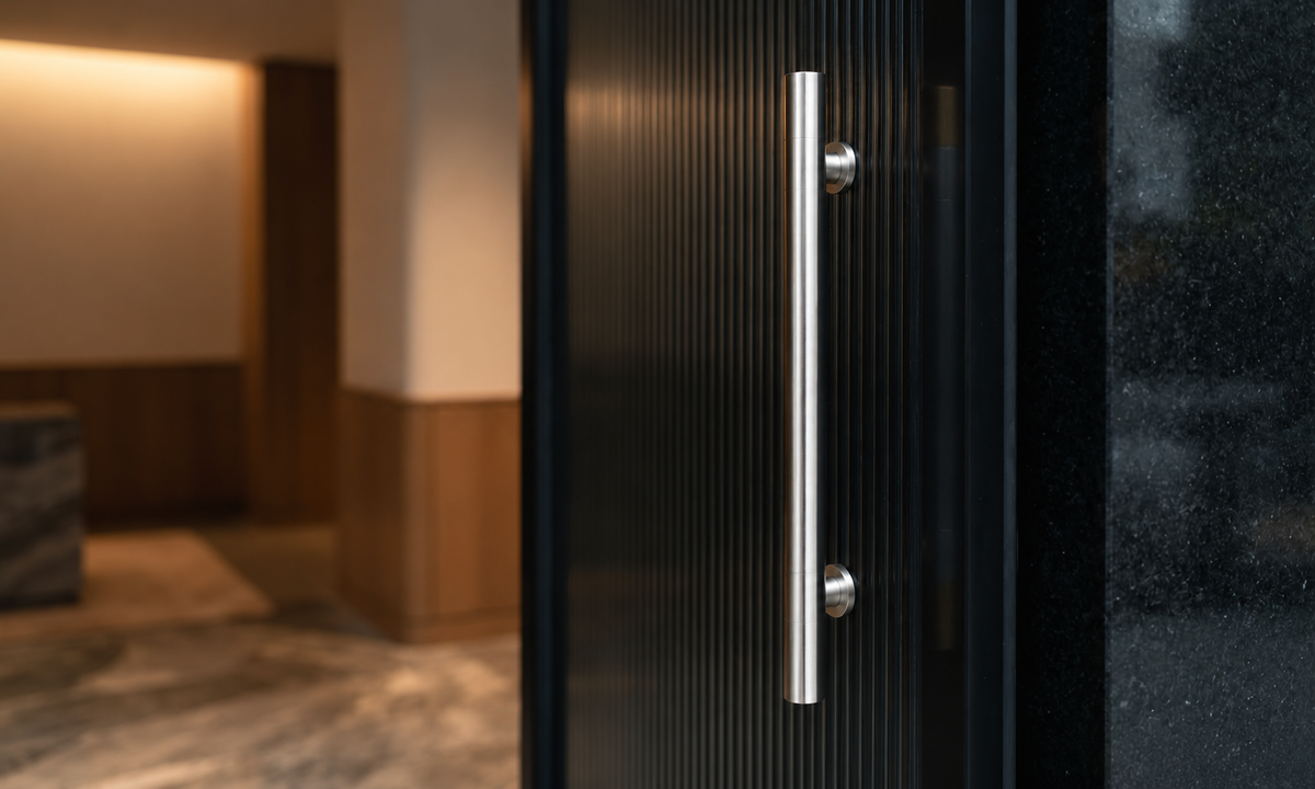Dark architectural entrance with a premium pull handle
