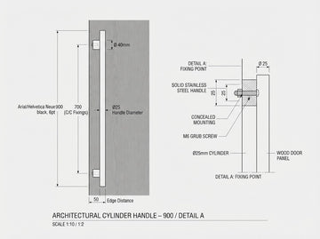 Dimensional technical drawing for a bespoke pull handle