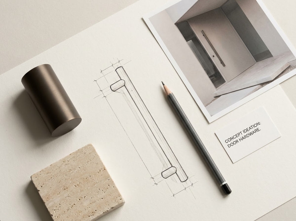 Architectural materials, sketches and pull handle concept references
