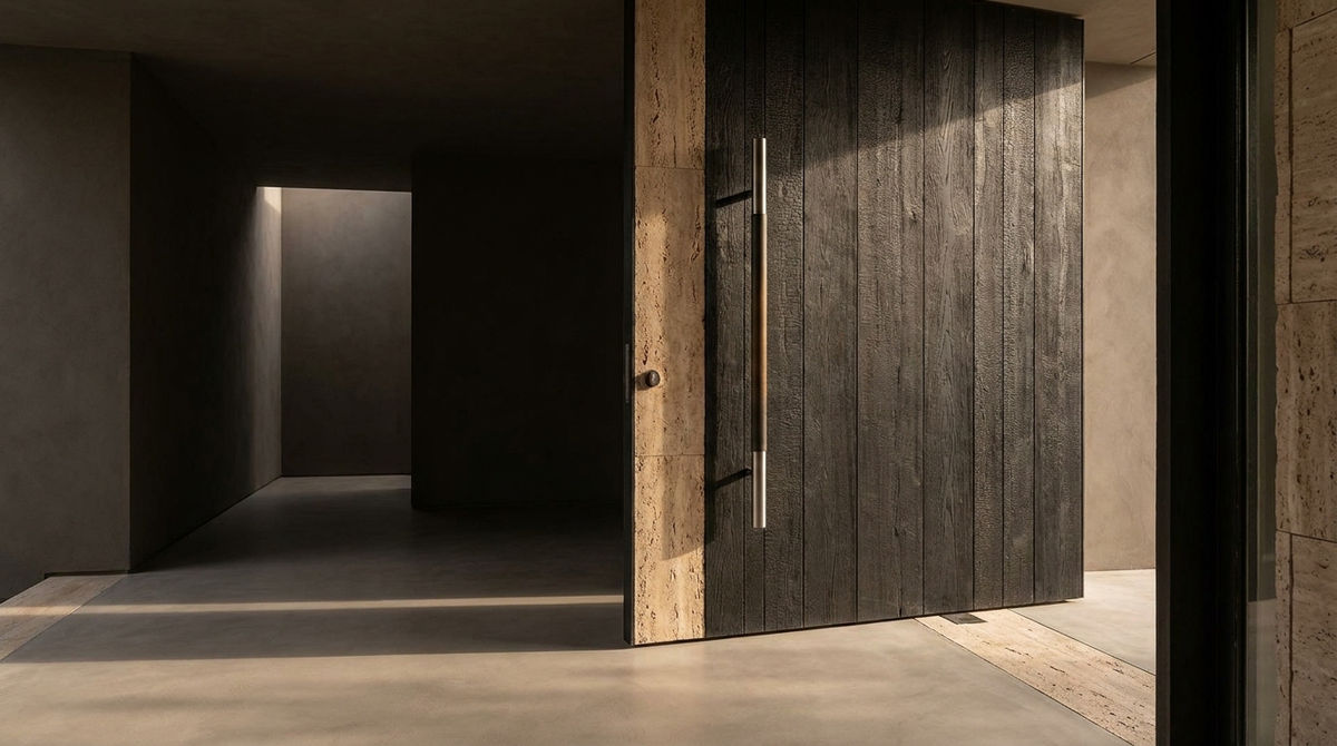 Bespoke pull handle installed on a contemporary architectural entrance