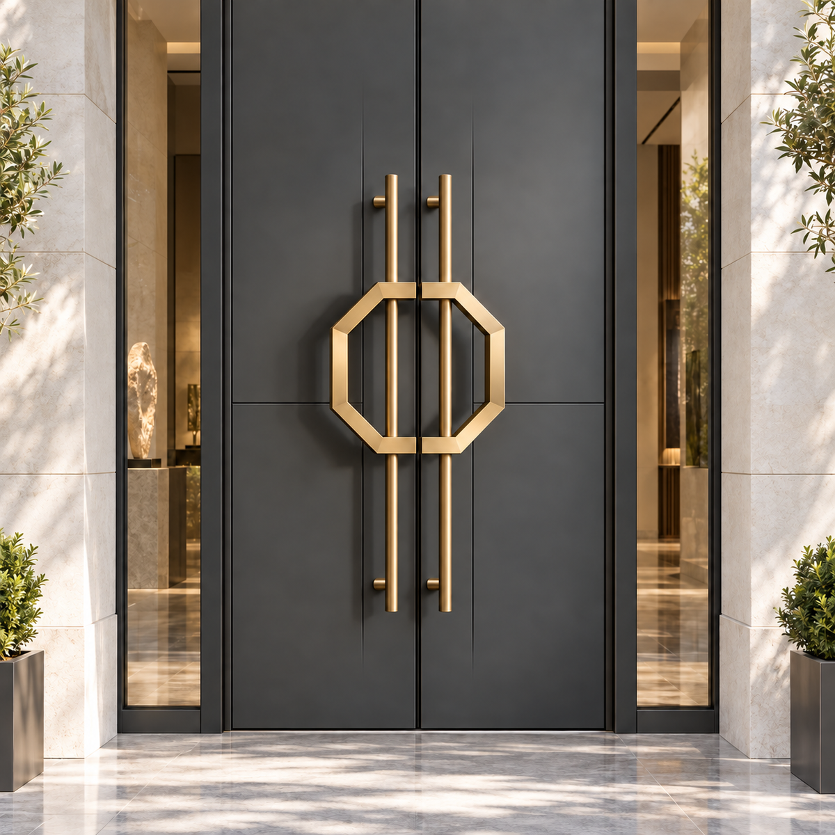 AEGIS sculptural architectural door pull handles in an entrance setting
