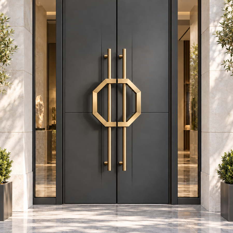 AEGIS sculptural architectural door pull handles in an entrance setting