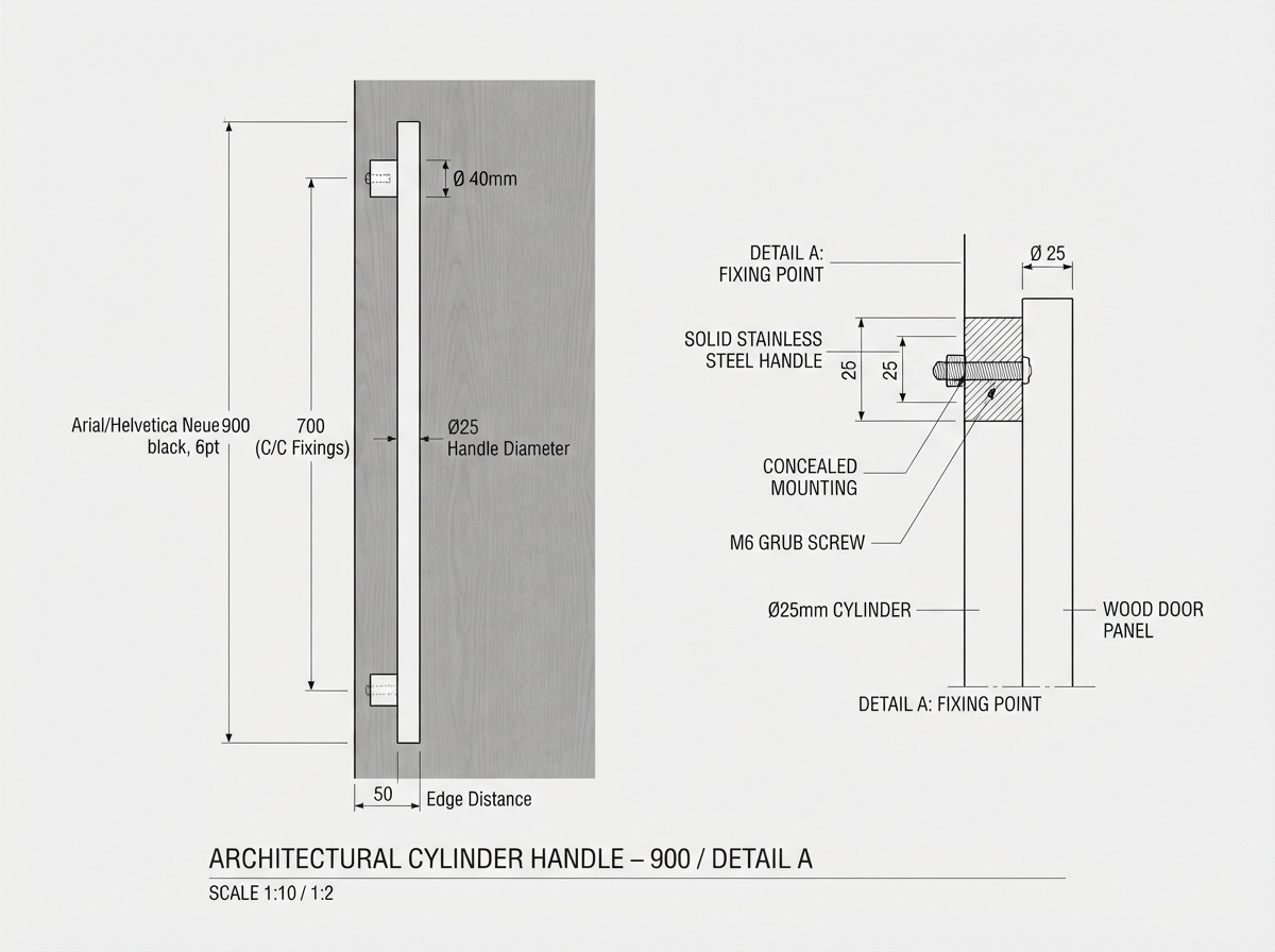 Technical dimensional drawing of a bespoke pull handle